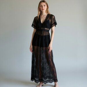 Aakaa Lace Coverup Small Black Maxi Tie Front Dress
